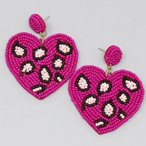 Leopard Heart Drop Seed Beaded Earrings